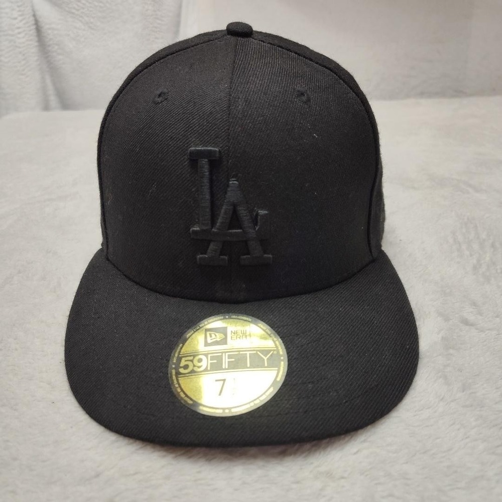 New Era Los Angeles Dodgers Hat Cap Fitted Mens 7 1/2 Black 59FIFTY MLB Baseball
